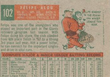 1959 Topps Venezuelan #102 Felipe Alou Back