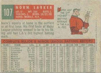 1959 Topps Venezuelan #107 Norm Larker Back