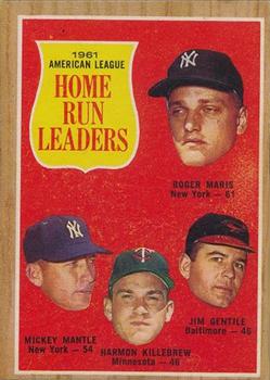 1962 Topps Venezuelan #53 1961 American League Home Run Leaders (Roger Maris / Mickey Mantle / Harmon Killebrew / Jim Gentile) Front