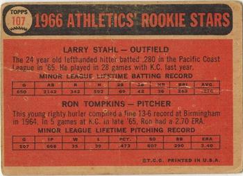 1966 Topps Venezuelan #107 Athletics 1966 Rookie Stars (Larry Stahl / Ron Tompkins) Back