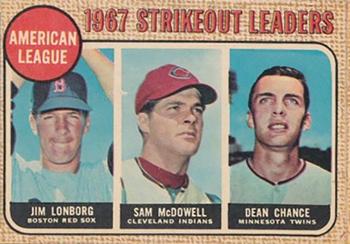 1968 Topps Venezuelan #12 American League 1967 Strikeout Leaders (Jim Lonborg / Sam McDowell / Dean Chance) Front