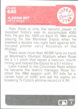 1985 Fleer #640 4,000th Hit (Pete Rose) Back