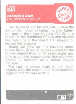 1985 Fleer #641 Father & Son (Cal Ripken / Cal Ripken, Jr.) Back