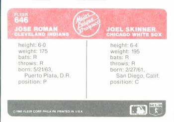 1985 Fleer #646 Jose Roman / Joel Skinner Back