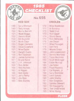 1985 Fleer #655 Checklist: Blue Jays / Yankees / Red Sox / Orioles Back