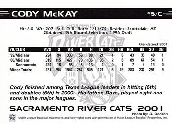 2001 Grandstand Sacramento River Cats #3 Cody McKay Back