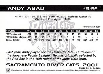 2001 Grandstand Sacramento River Cats #11 Andy Abad Back