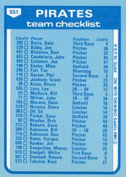 1980 Topps - Team Checklists #551 Pittsburgh Pirates / Chuck Tanner Back