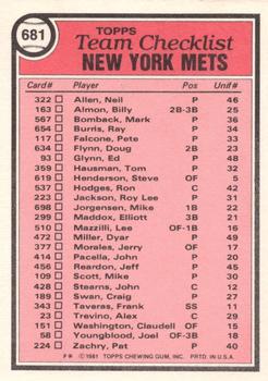 1981 Topps - Team Checklists #681 New York Mets / Joe Torre Back