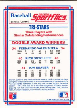 1986 Sportflics #60 Double Award Winners (Tom Seaver / Rick Sutcliffe / Fernando Valenzuela) Back