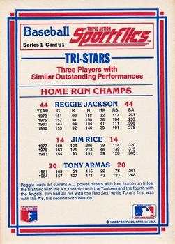 1986 Sportflics #61 Home Run Champs (Tony Armas / Reggie Jackson / Jim Rice) Back