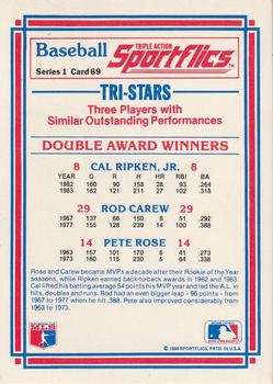 1986 Sportflics #69 Double Award Winners (Cal Ripken, Jr. / Rod Carew / Pete Rose) Back
