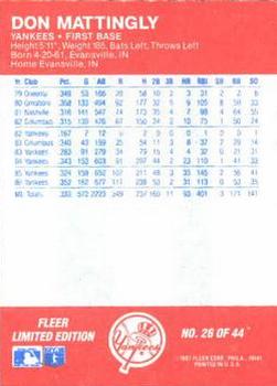 1987 Fleer Baseball All-Stars #26 Don Mattingly Back
