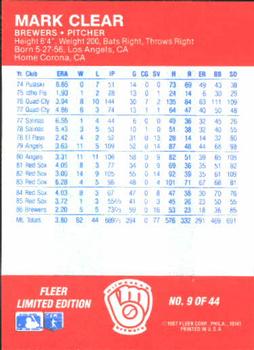 1987 Fleer Baseball All-Stars #9 Mark Clear Back
