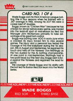 1987 Fleer - Headliners #1 Wade Boggs Back