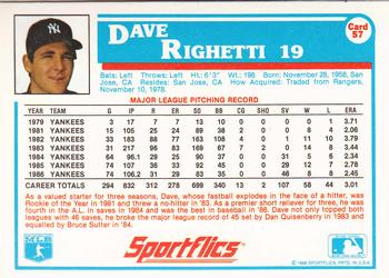 1987 Sportflics #57 Dave Righetti Back