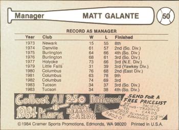 1984 Cramer Tucson Toros #50 Matt Galante Back