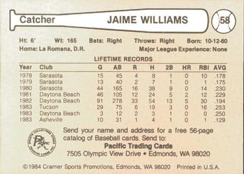 1984 Cramer Tucson Toros #58 Jamie Williams Back