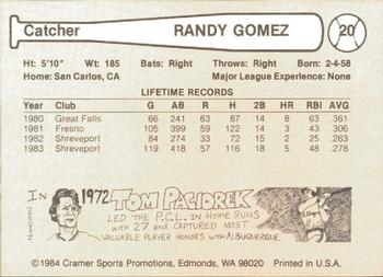 1984 Cramer Phoenix Giants #20 Randy Gomez Back