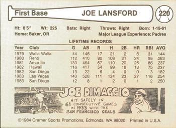 1984 Cramer Las Vegas Stars #220 Joe Lansford Back