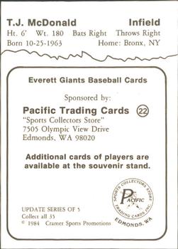 1984 Cramer Everett Giants #22B T.J. McDonald Back