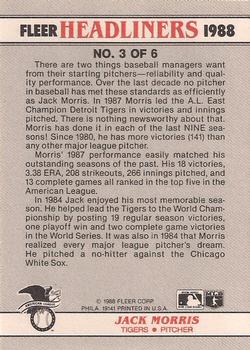1988 Fleer - Headliners #3 Jack Morris Back