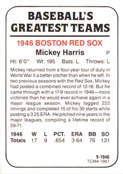 1987 TCMA 1946 Boston Red Sox #9 Mickey Harris Back