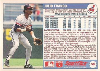 1988 Sportflics #58 Julio Franco Back