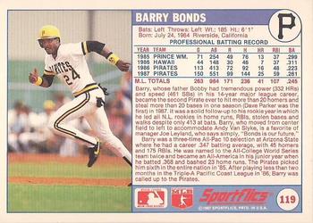 1988 Sportflics #119 Barry Bonds Back
