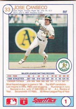1989 Sportflics #1 Jose Canseco Back