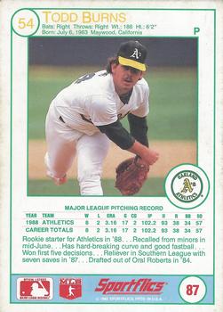 1989 Sportflics #87 Todd Burns Back
