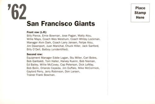 1992 AT&T San Francisco Giants Postcards #NNO 1962 Team Photo Back