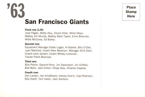 1992 AT&T San Francisco Giants Postcards #NNO 1963 Team Photo Back