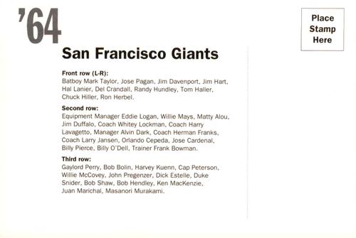 1992 AT&T San Francisco Giants Postcards #NNO 1964 Team Photo Back