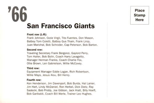 1992 AT&T San Francisco Giants Postcards #NNO 1966 Team Photo Back