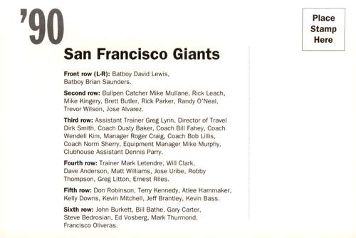 1992 AT&T San Francisco Giants Postcards #NNO 1990 Team Photo Back