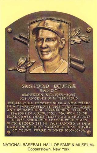 1965-22 Cooperstown Plaque Postcards #NNO Sandy Koufax Front