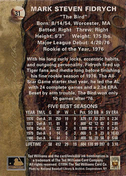 1994 Ted Williams #31 Mark Fidrych Back