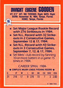 1985 Topps Woolworth All Time Record Holders #16 Dwight Gooden Back