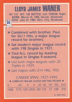 1985 Topps Woolworth All Time Record Holders #36 Lloyd Waner Back