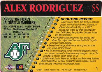 1994 Action Packed Minors #1 Alex Rodriguez Back