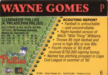 1994 Action Packed Minors #6 Wayne Gomes Back