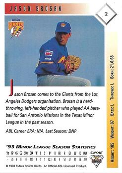 1993-94 Futera Australian Baseball Export Series #2 Jason Brosan Back