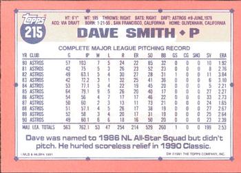 1991 Topps - Collector's Edition (Tiffany) #215 Dave Smith Back