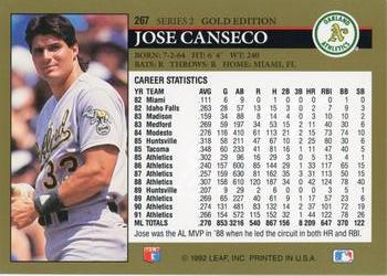 1992 Leaf - Black Gold #267 Jose Canseco Back