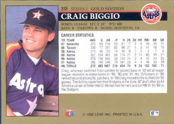 1992 Leaf - Black Gold #315 Craig Biggio Back