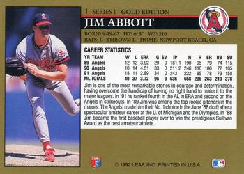 1992 Leaf - Black Gold #1 Jim Abbott Back