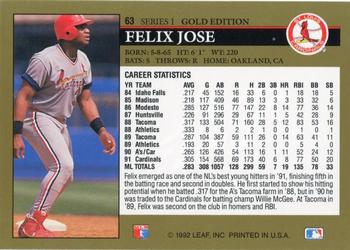 1992 Leaf - Black Gold #63 Felix Jose Back