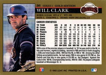 1992 Leaf - Black Gold #241 Will Clark Back