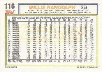 1992 Topps - Gold #116 Willie Randolph Back